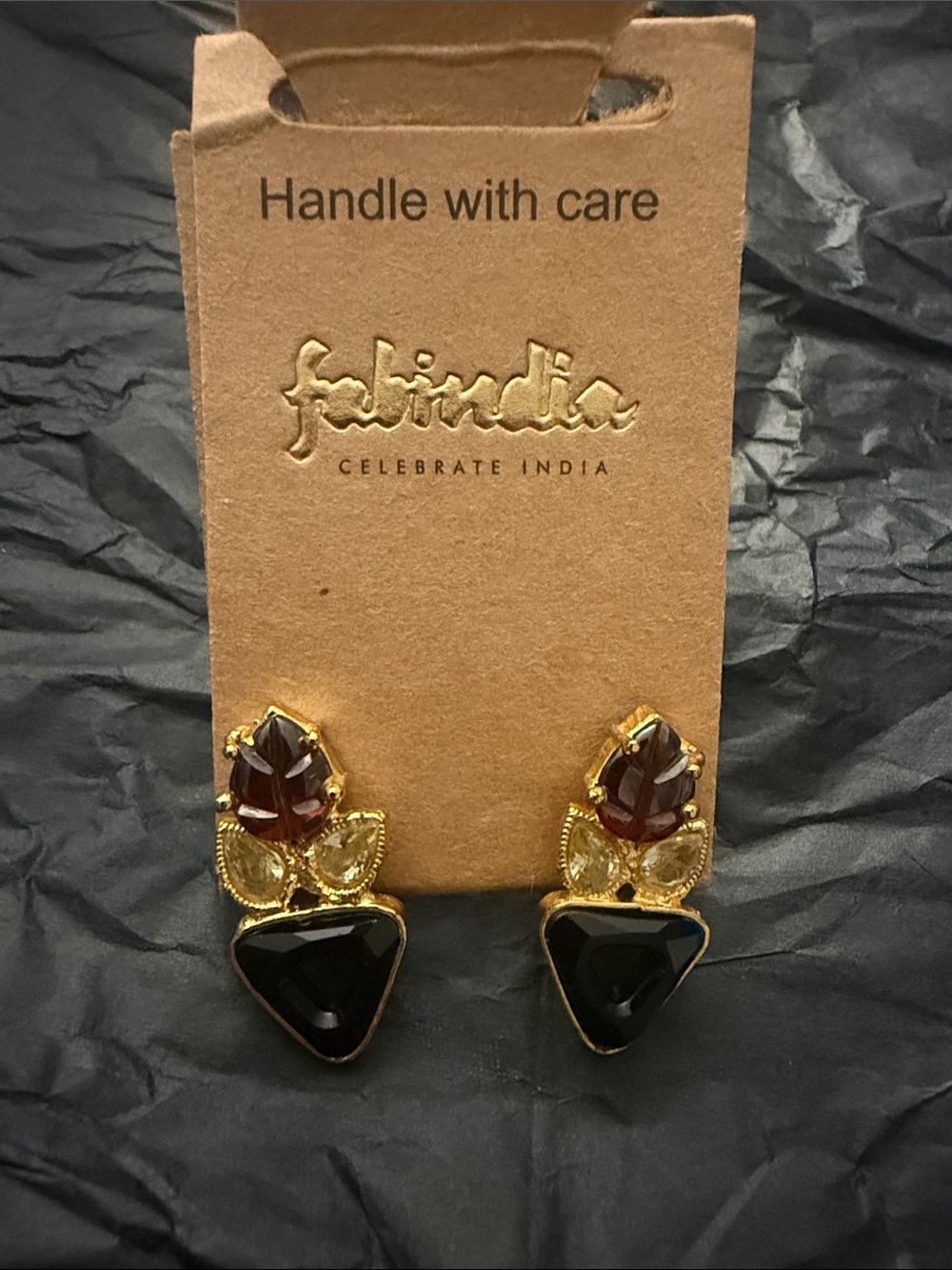 fabindia Gold-Tone Earrings with Black and Burgundy Stones